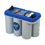 Side angled Optima bluetop battery in light gray on a white background from Saudi Supplier.