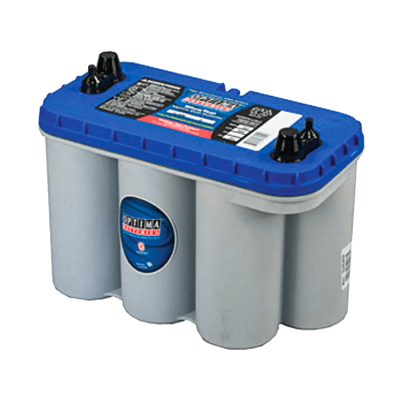 Side angled Optima bluetop battery in light gray on a white background from Saudi Supplier.