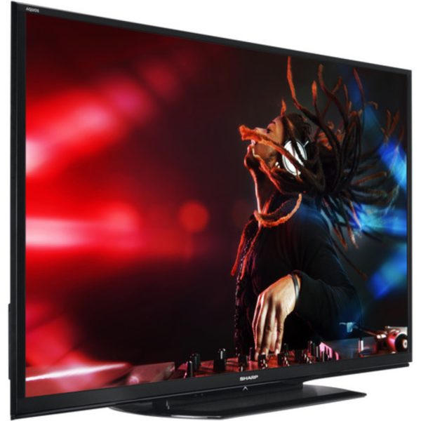 A right-side angle of Sharp 60’ LC-60LE650U Full HD Smart TV with a rectangle stand shape on black color, from Saudi Supplier