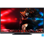 Sharp LC-60LE650U TV standing on a rectangle stand on white background, shows an image of a DJ MAN with high-quality and SHARP logo in the middle.