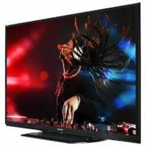 A left-side angle of Sharp 60’ LC-60LE650U Full HD Smart TV with a rectangle stand shape on black color, from Saudi Supplier