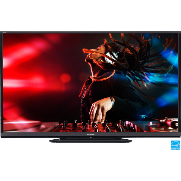 Sharp LC-60LE650U TV standing on a rectangle stand on white background, shows an image of a DJ MAN with high-quality and SHARP logo in the middle.