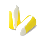 A couple of uncorded earplug with yellow and white lines on a white background. one of them in a standing position.