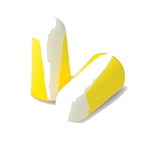 A couple of uncorded earplug with yellow and white lines on a white background. one of them in a standing position.