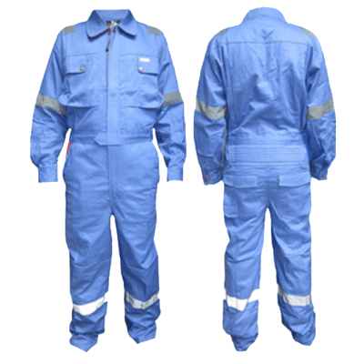 Two prime captain coverall in blue on a white background, the coverall is 100% cotton protecting against hazardous materials from Saudi Supplier.