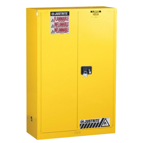 1 45 Gallon Yellow flammable safety cabinet, Justrite Sure-Grip® brand, made of steel on a white background from Saudi Supplier.