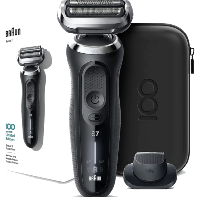 Braun Series 7 Wet & Dry Shaver with precision Trimmer in a box in a vertical shape with Braun logo colored in white from Saudi Supplier.