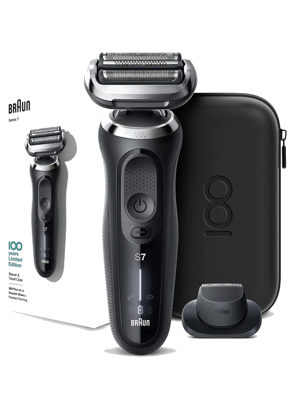 Braun Series 7 Wet & Dry Shaver with precision Trimmer in a box in a vertical shape with Braun logo colored in white from Saudi Supplier.