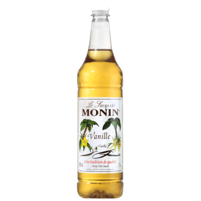 Monin Vanilla Syrup 1Ltr bottle with Golden Yellow color from Saudi Supplier.