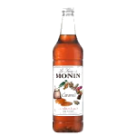 Monin Caramel Syrup bottle with clear color that shows off the brown colored caramel syrup from Saudi Supplier.
