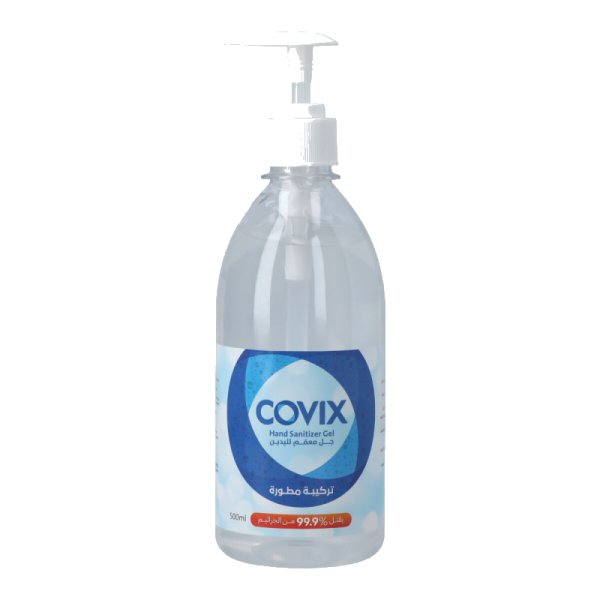 A 50 ml plastic bottle with a pump of COVIX hand sanitizer gel with civic logo in blue color, the gel kills 99% of germs and bacteria from Saudi Supplier.