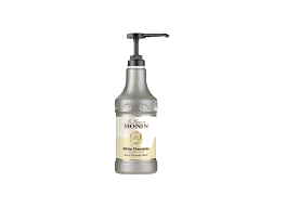 Monin White Chocolate Sauce 1.89ltr bottle with silver and dark gray color on a white background from Saudi Supplier.