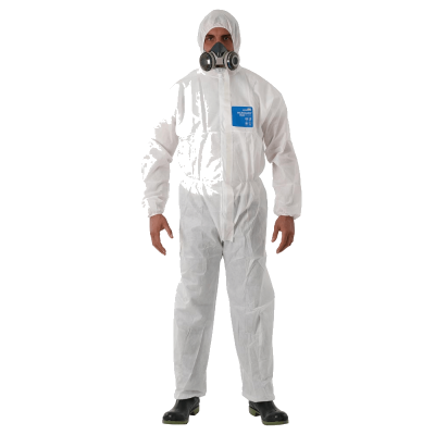 Ansell Disposable Coverall 1500 PLUS in a vertical shape colored in white with Ansell logo colored in blue from Saudi Supplier.