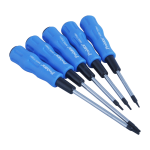 Pro'sKit 5pcs Star screwdriver set, five groups of different screwdrivers in height colored in blue and black inside a plastic cover, in a vertical shape on a white background with Pros Kit logo from Saudi Supplier.