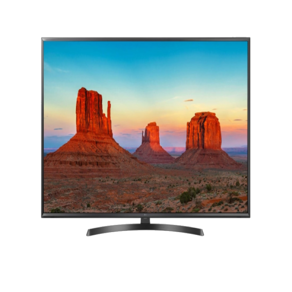LG 65" UHD 4K Smart TV UK6400 series on a white background shows a high-quality image with lifelike colors. has a black thin frame and a thin stand from Saudi Supplier.