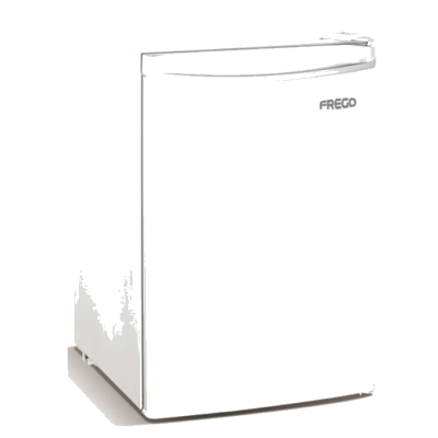 Frego single door refrigerator, 3.2 feet, in white on a white background, with a light shade below, and the Frego logo from Saudi Supplier.