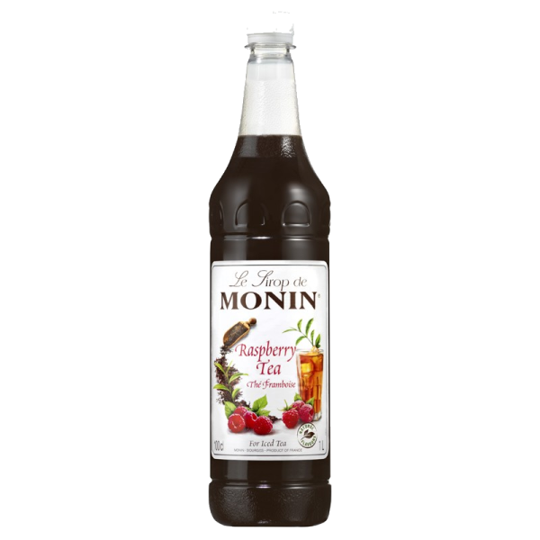 Monin Raspberry Tea syrup 1Ltr bottle with Dark Red color from Saudi Supplier.